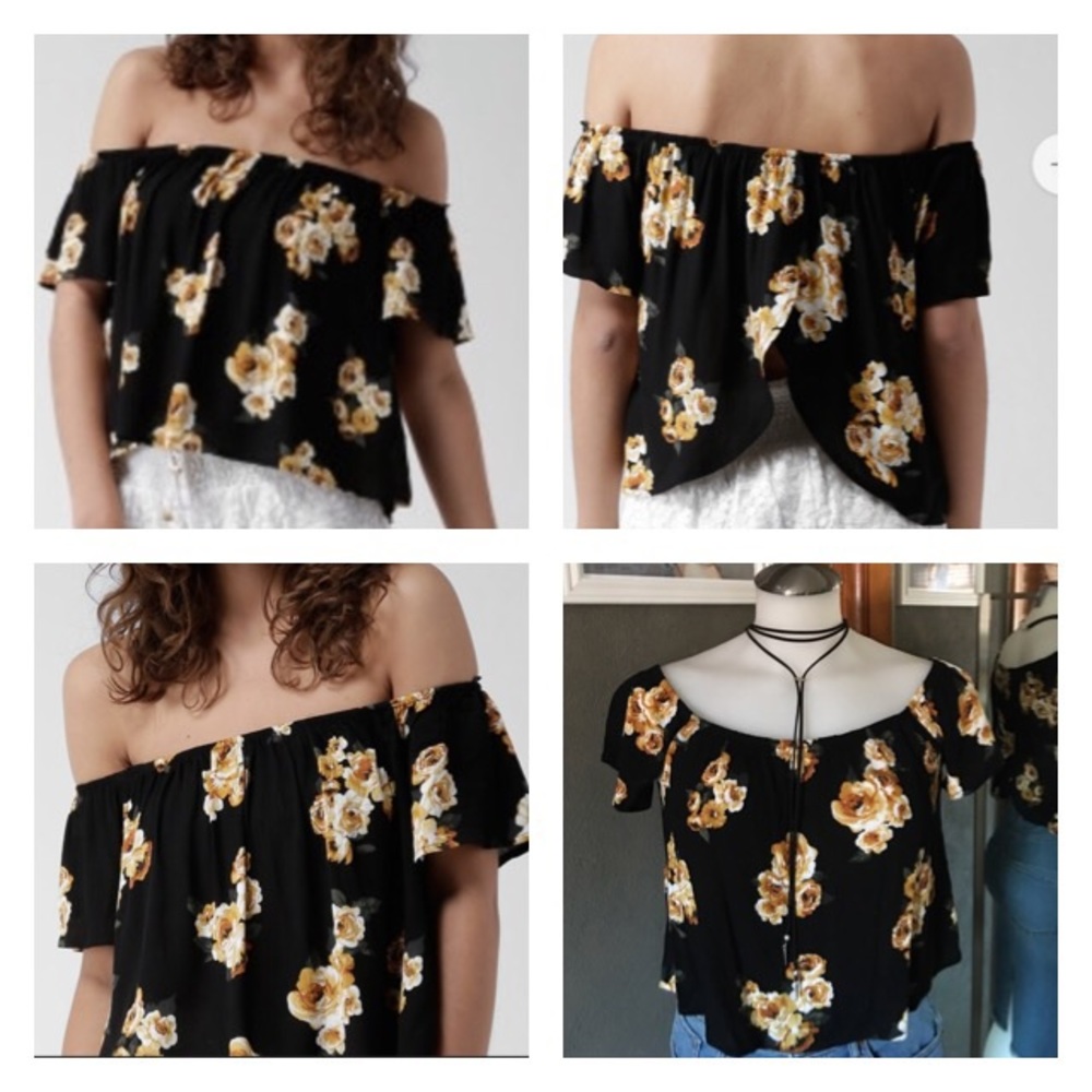 Forever 21 Floral Print Off-shoulder Top, Black Yellow Small NEW